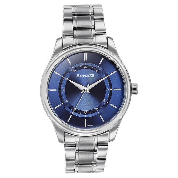 Sonata Quartz Analog Blue Round Dial Silver Stainless Steel Strap Watch For Men - image number 1