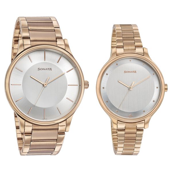 Sonata Modern Bandhan Quartz Analog Silver Dial Stainless Steel Strap Watch for Couple - image number 1