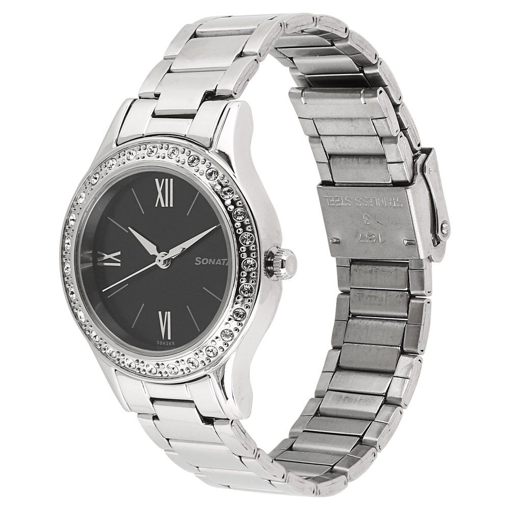 Buy Online Sonata Stardust Black Dial Women Watch With Stainless Steel Strap nm8123sm02 Sonata