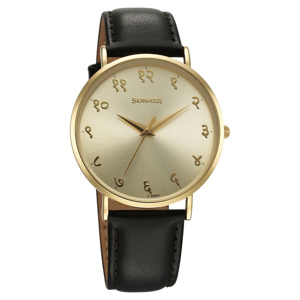 Sonata Regional Edition Hindi Quartz Analog Golden Dial Leather Strap Watch For Men - image number 0