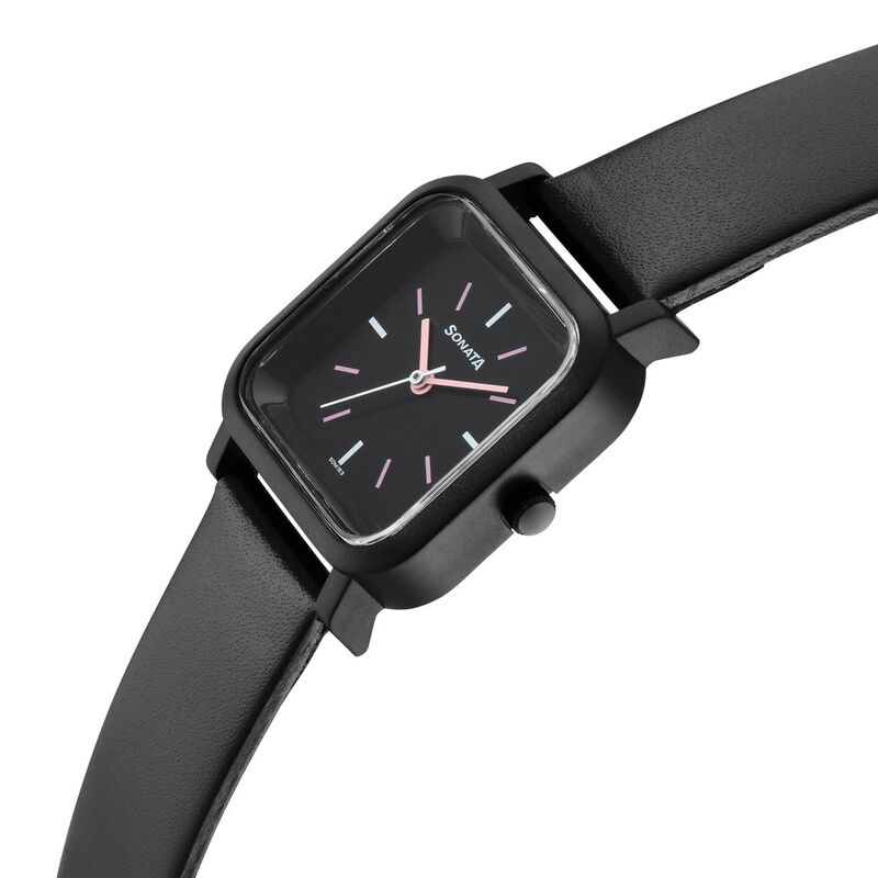 Sonata Pop Black Dial Women Watch With Leather Strap