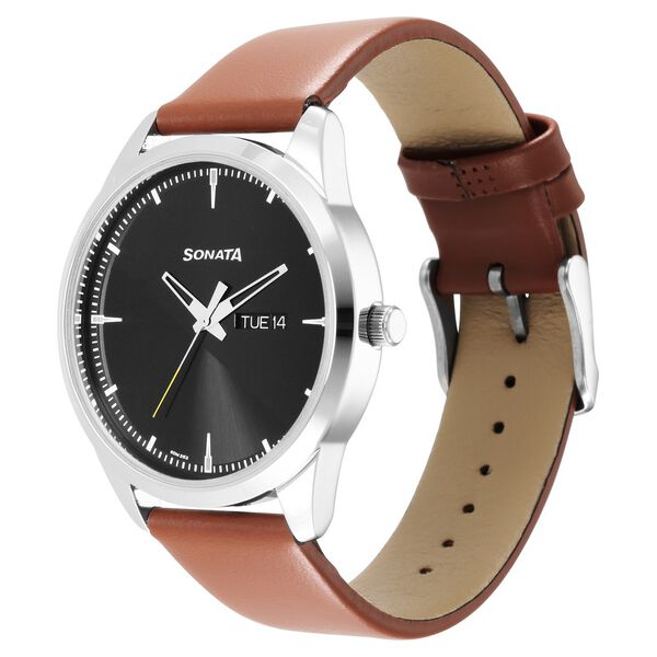 Sonata Force Quartz Analog with Day and Date Black Dial Leather Strap Watch for Men - image number 1
