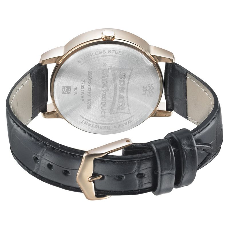 Sonata Beyond Gold Quartz Analog with Day and Date Black Dial Leather Strap Watch for Men - image number 3
