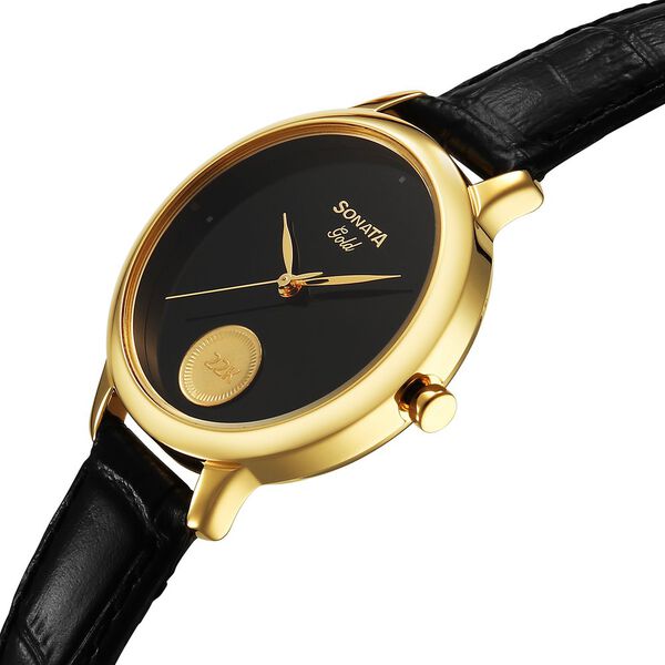 Sonata Gold Quartz Analog Watch for Women with Black Dial Leather Strap With An Eye-Catching Gold Coin on Dial - image number 1