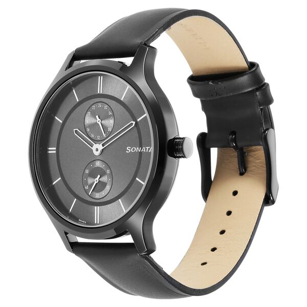 Sonata Quartz Multifunction Grey Dial Leather Strap Watch for Men - image number 1