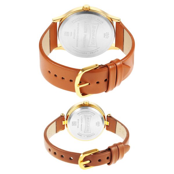 Sonata Quartz Analog Champagne Dial Leather Strap Watch for Couple - image number 3