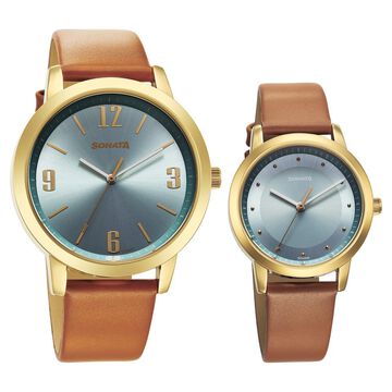 Sonata Pairs Quartz Analog Blue Dial Leather Strap Watch for Couple