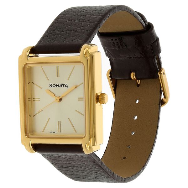Sonata Quartz Analog Champagne Dial Leather Strap Watch for Men - image number 1