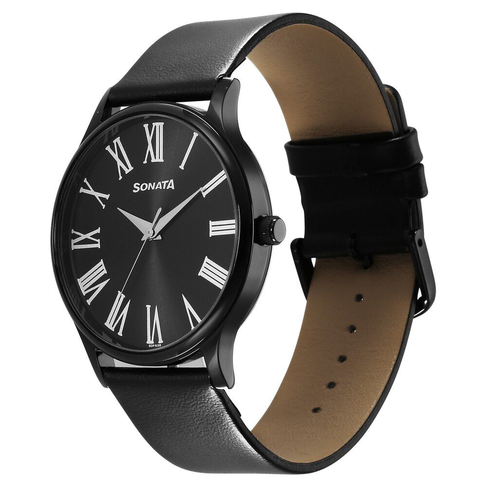 Buy Online Sonata Aspire Quartz Analog Black Dial Leather Strap Watch for Men ns77105nl08w Sonata