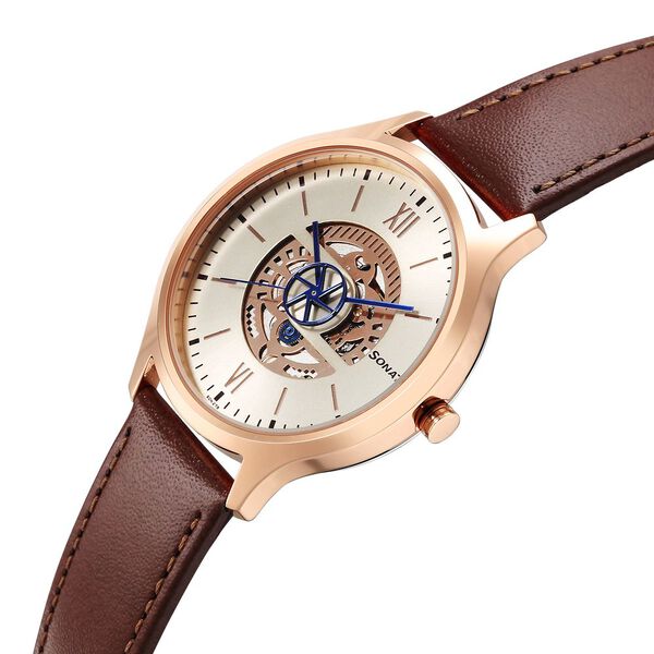 Sonata Unveil Quartz Multifunction Rose Gold Dial Leather Strap Watch for Men - image number 2