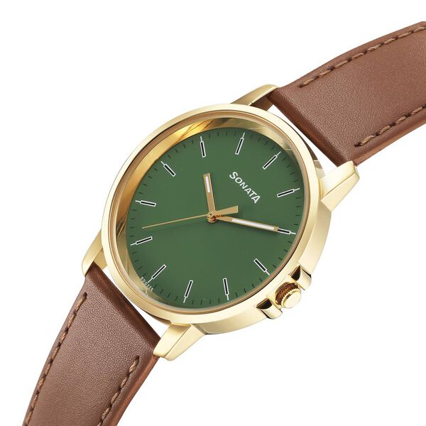 Sonata Traditional Essentials Quartz Analog Green Dial Leather Strap Watch for Men - image number 2