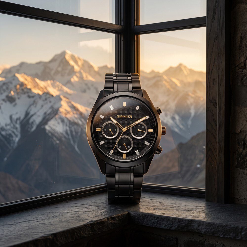 Sonata Summit Quartz Multifunction Black Dial Black Metal Strap Watch For Men-image-43