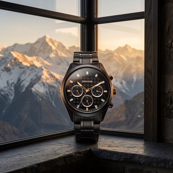 Sonata Summit Quartz Multifunction Black Dial Black Metal Strap Watch For Men - image number 0
