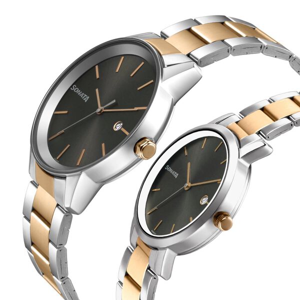 Sonata Quartz Analog with Date Black Dial Metal Strap Watch for Couple - image number 2