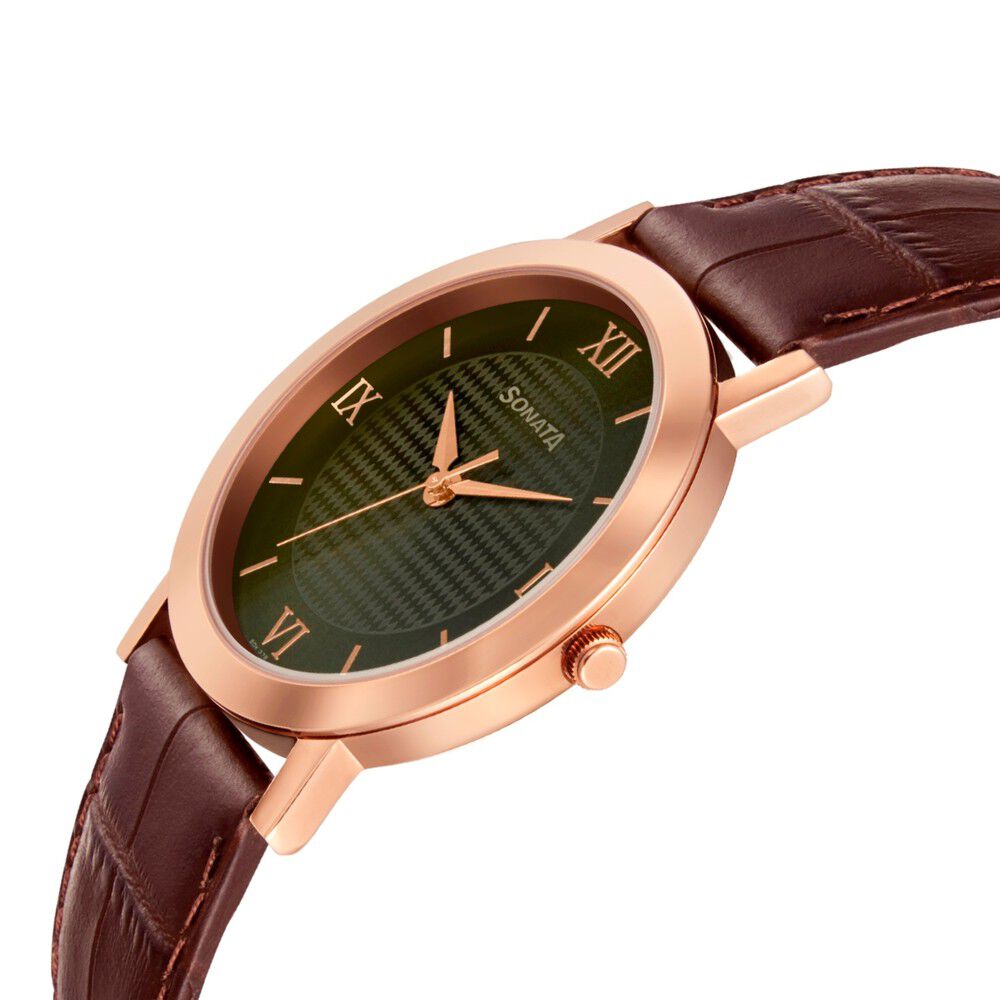 Sonata Quartz Analog Green Dial Leather Strap Watch for Men