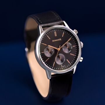 Sonata Quartz Multifunction Black Dial Black Leather Strap Watch For Men