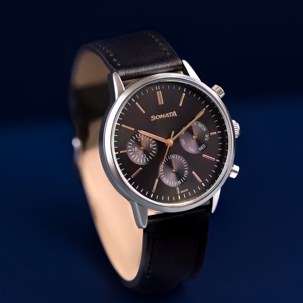Sonata Quartz Multifunction Black Dial Black Leather Strap Watch For Men - image number 0