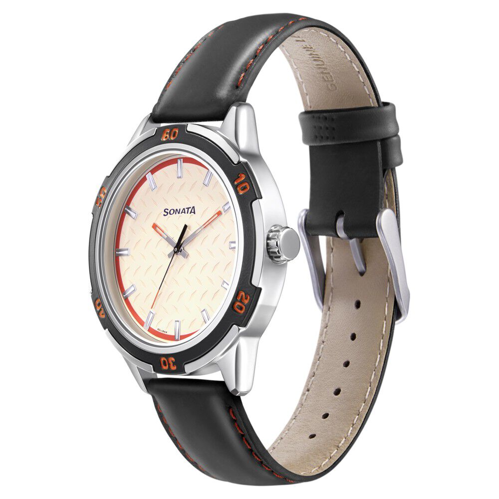 Sonata Quartz Analog White Dial Leather Strap Watch for Men