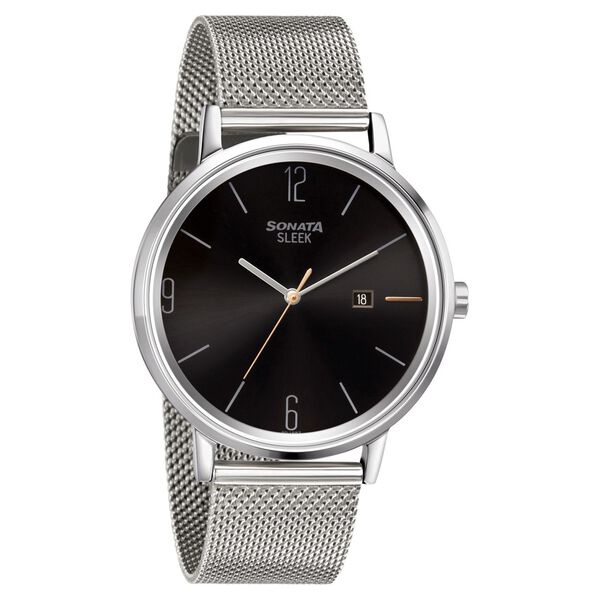 Sonata Quartz Analog with Date Black Dial Stainless Steel Strap Watch for Men - image number 0