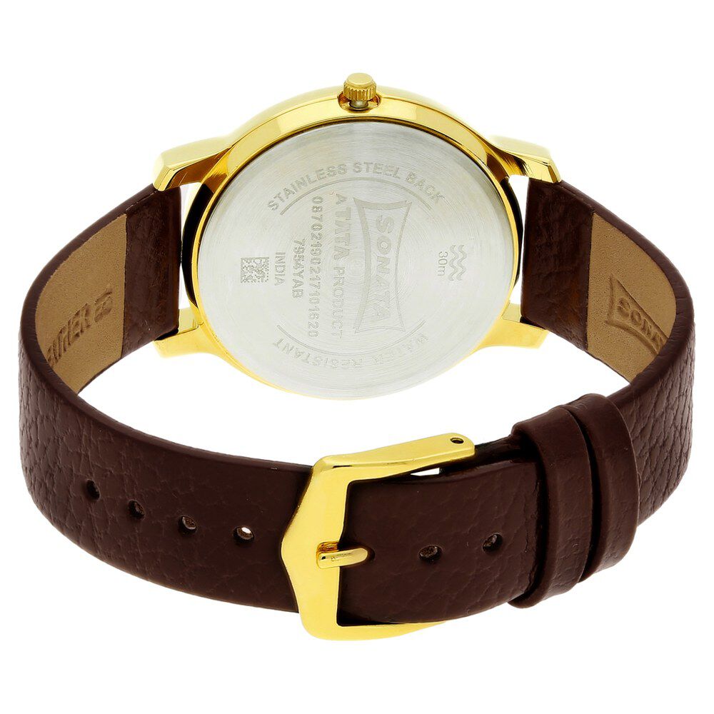 Buy Online Sonata Quartz Analog with Day and Date Champagne Dial Leather Strap Watch for Men nk7954yl10 Sonata