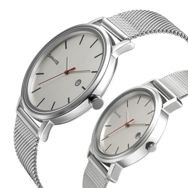 Sonata Quartz Analog with Date White Dial Metal Strap Watch for Couple - image number 2
