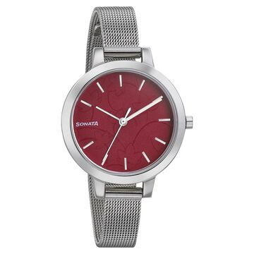 Sonata Silver Lining Red Dial Women Watch With Stainless Steel Strap