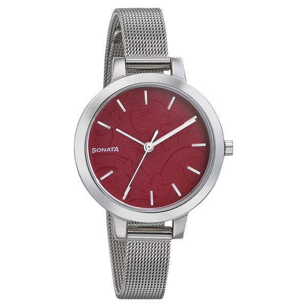 Sonata Silver Lining Red Dial Women Watch With Stainless Steel Strap - image number 0