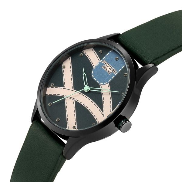 Poze By Sonata Quartz Analog Green Dial Green Leather Strap Watch For Men - image number 4