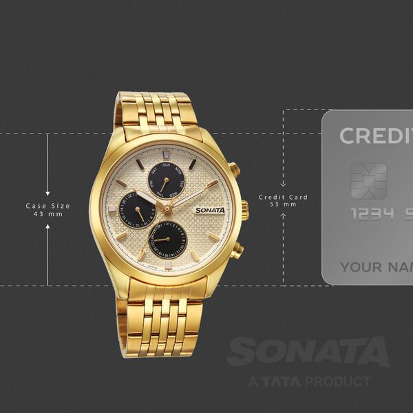 Sonata Magna Quartz Multifunction Champagne Dial Golden Stainless Steel Strap Watch For Men - image number 3