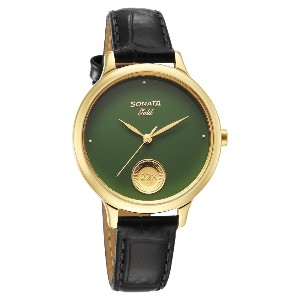 Sonata Sonata Gold Quartz Analog Sacred Forest Green With Gold Coin Dial Black Leather Strap Watch For Women-picture-14