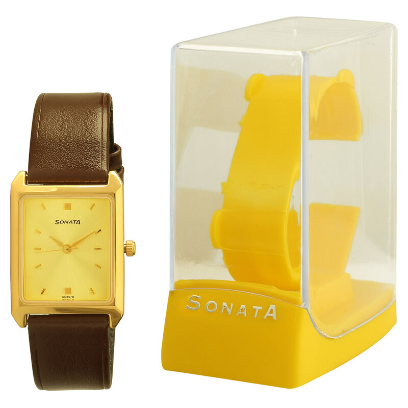 Sonata Quartz Analog Champagne Dial Leather Strap Watch for Men - image number 3