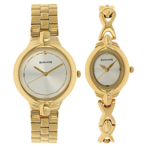 Sonata Quartz Analog White Dial Stainless Steel Strap Watch for Couple - image number 0
