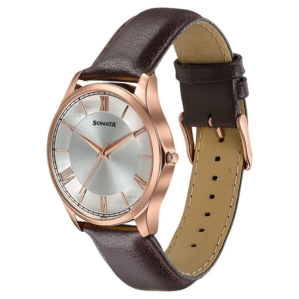 Sonata Traditional Essentials Silver Dial, Rose Gold tone case Burgundy Genuine Leather Strap Watch - image number 2