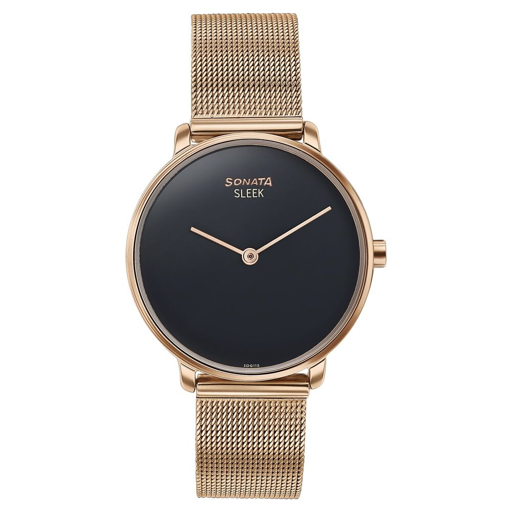 Buy Online Sonata Sleek Quartz Analog Black Dial Rose Gold Stainless Steel Strap Watch for Women 8191wm01 Sonata