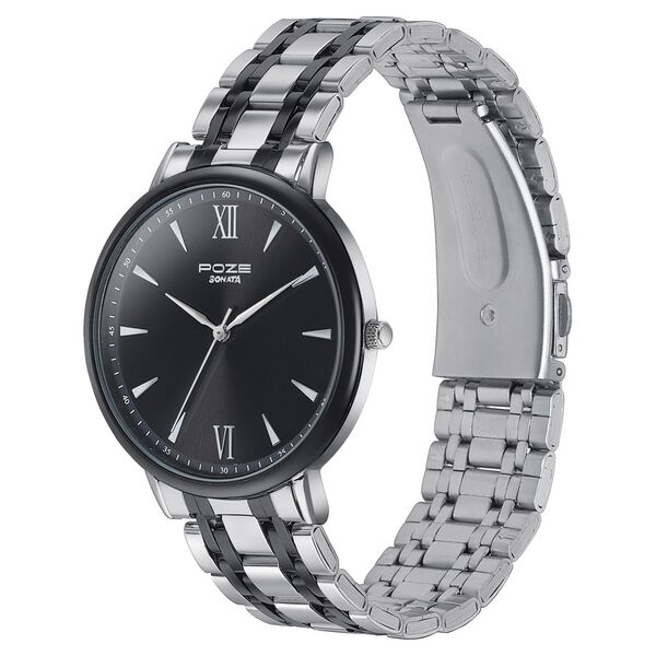 Sonata Poze Quartz Analog Black Dial Silver Metal Strap Watch For Men - image number 3