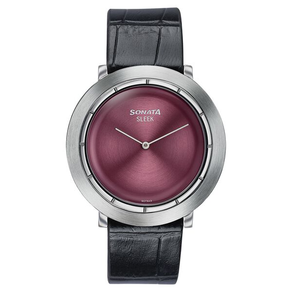 Sonata Sleek Burgundy Dial Silver-Tone Leather Strap Watch - image number 0
