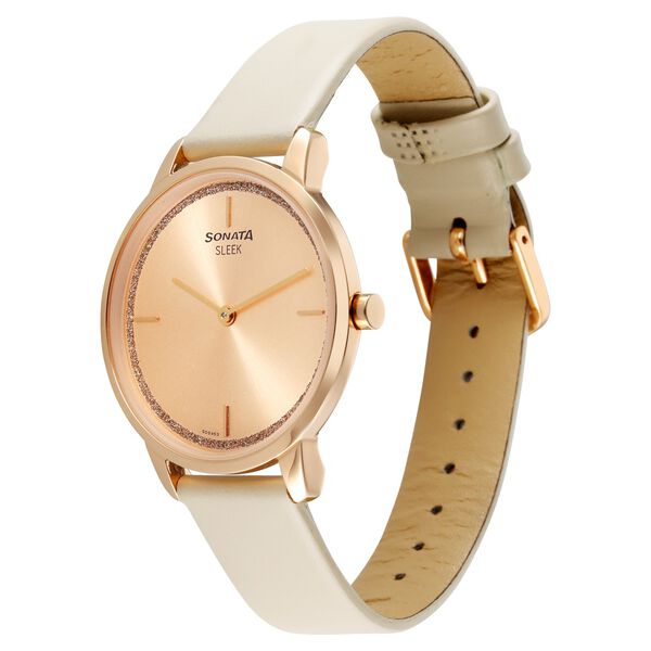 Sonata Sleek Women Rose Gold Dial Beige Leather Strap Watch - image number 1