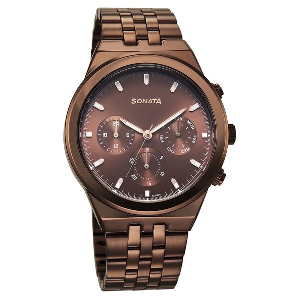 Sonata Eternia Quartz Multifunction Brown Dial Metal Strap Watch For Men - image number 0