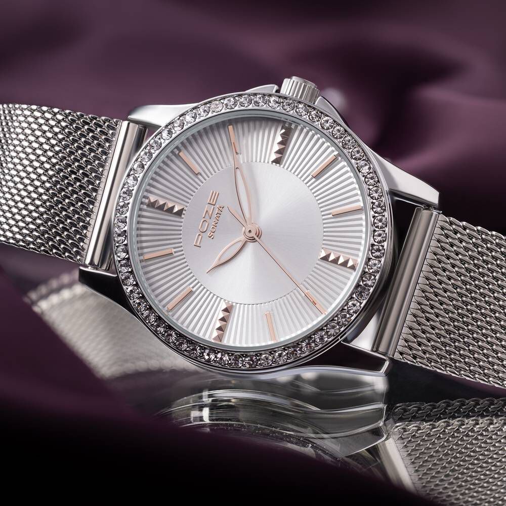 Buy Online Sonata Poze Quartz Analog Silver Dial Mesh Strap Watch for Women sp80065sm01w Sonata