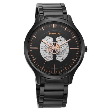 Sonata Unveil Quartz Multifunction Black Dial Stainless Steel Strap Watch for Men