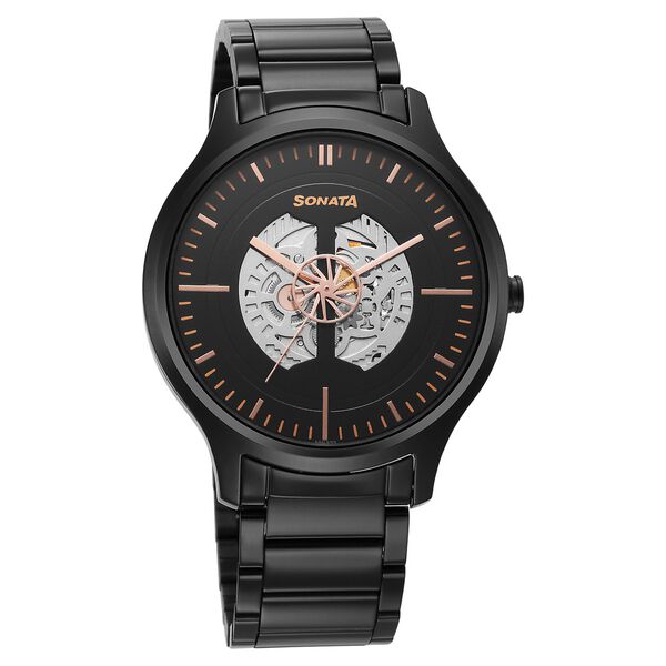 Sonata Unveil Quartz Multifunction Black Dial Stainless Steel Strap Watch for Men - image number 0