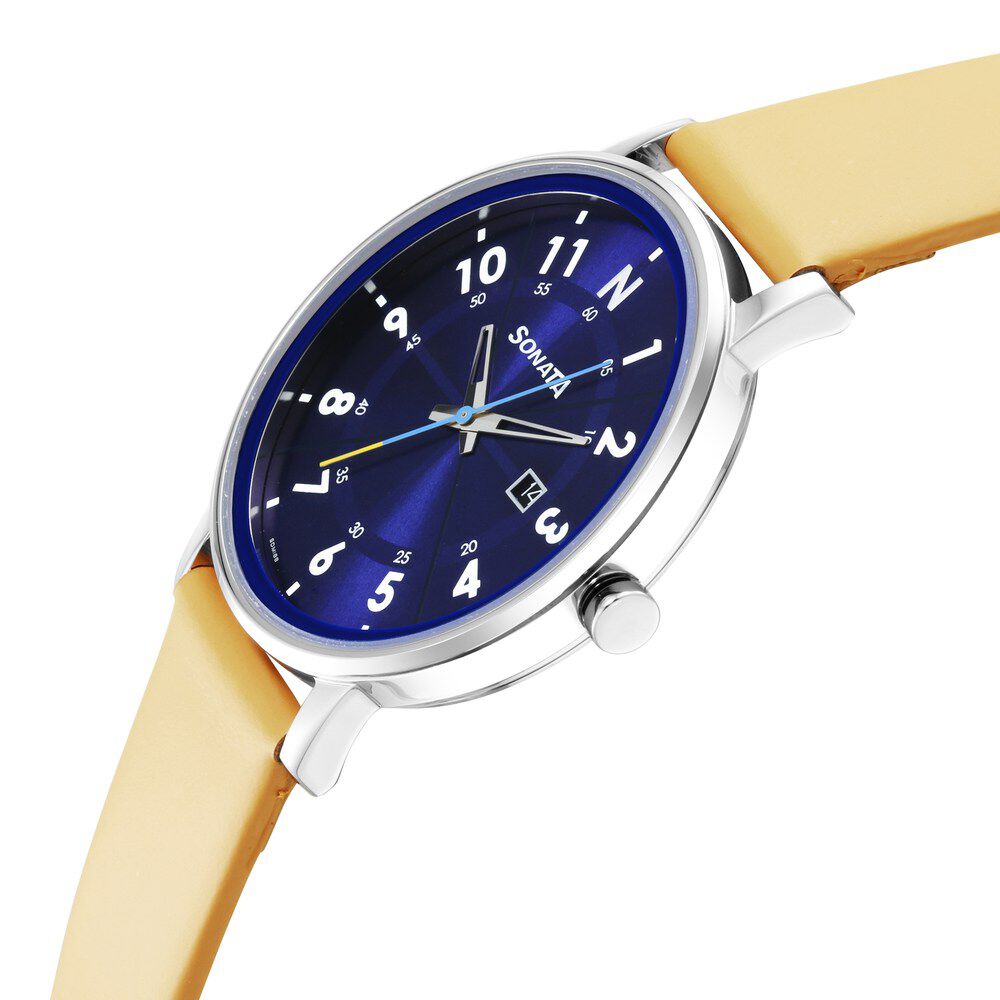 Sonata Force Quartz Analog with Date Blue Dial Leather Strap Watch