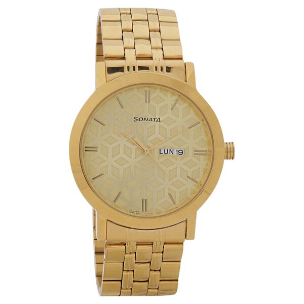 Sonata Quartz Analog with Day and Date Golden Dial Stainless Steel Strap Watch for Men - image number 0