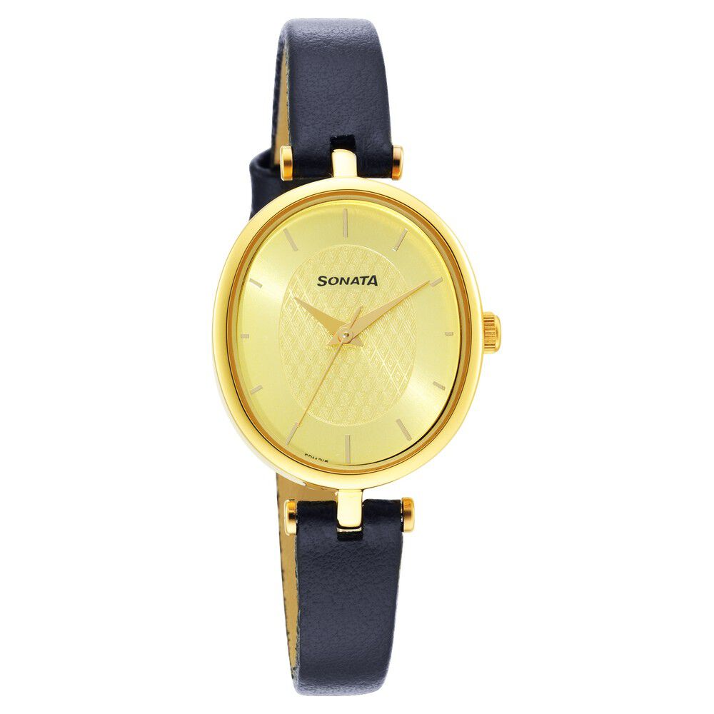Buy Online Sonata Classic Gold Champagne Dial Leather Strap Watch for Women nr8181yl01 Sonata