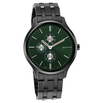 Sonata Quartz Multifunction Green Dial Stainless Steel Strap Watch for Men