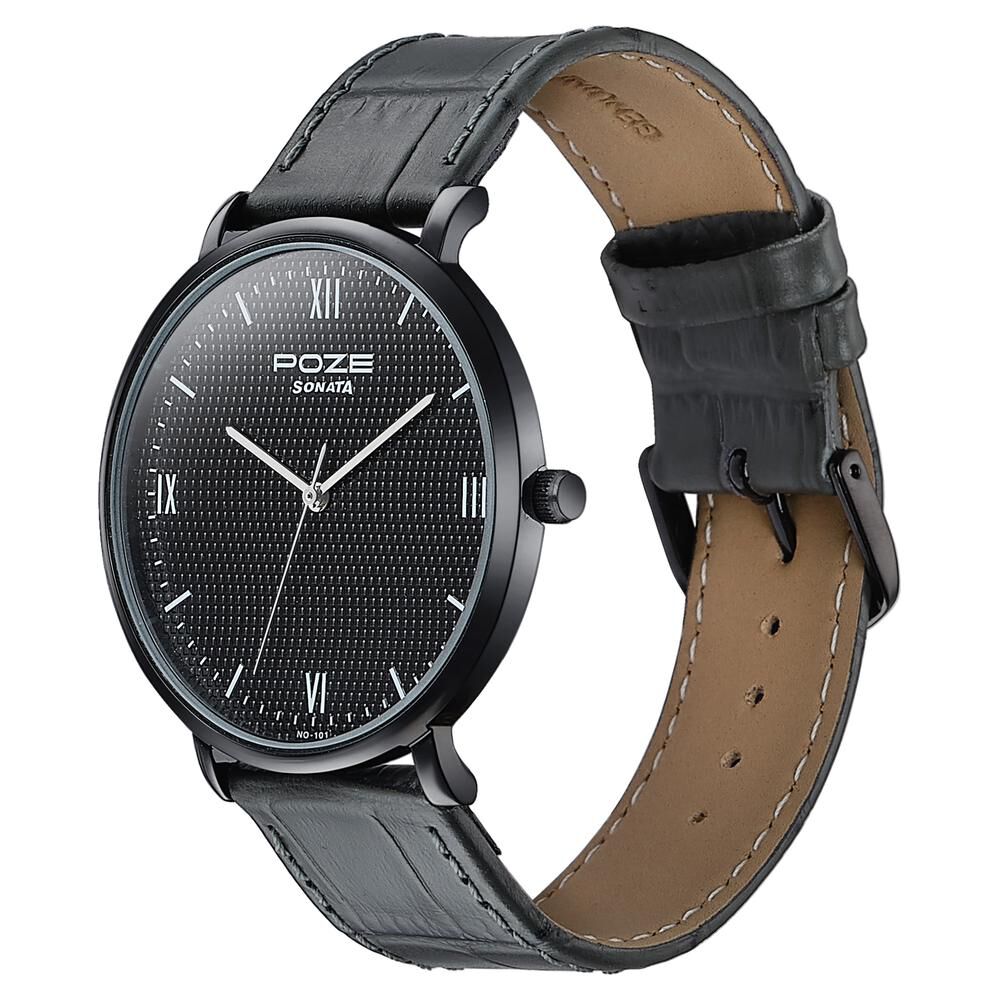 Buy Online Sonata Poze Quartz Analog Black Dial Leather Strap
