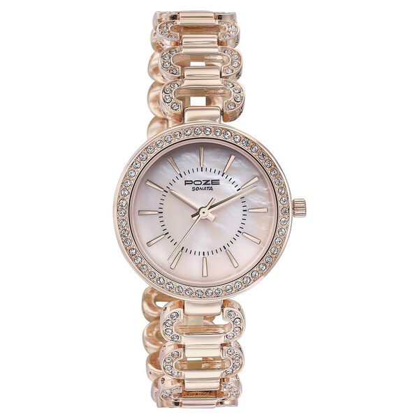 Sonata Poze Quartz Analog Pink Dial Rose Gold Color Metal Strap Watch For Women - image number 2