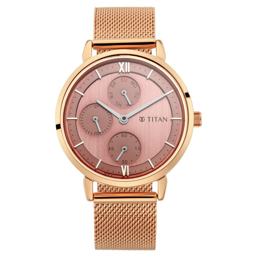 Titan Workwear Rose Gold Dial Quartz Multifunction Metal Strap watch for Women