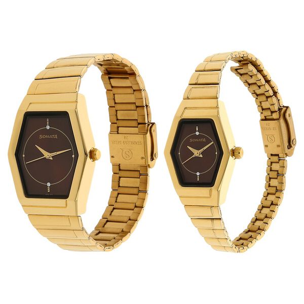 Sonata Quartz Analog Brown Dial Stainless Steel Strap Watch for Couple - image number 1