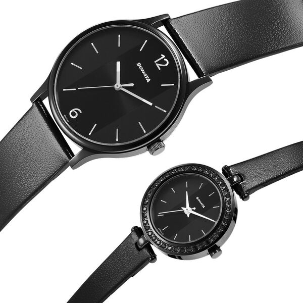 Sonata Quartz Analog Black Dial Leather Strap Watch for Couple - image number 2